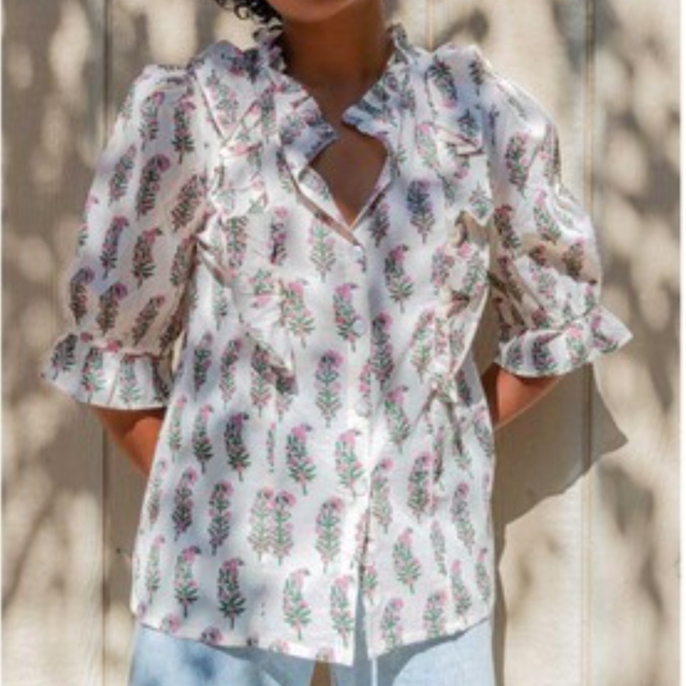 SZ Floral Ruffle Blouse - White and Pink